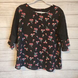 Van Heusen Blouse XL Floral Black Lace Sleeve Romantic Chic Top
